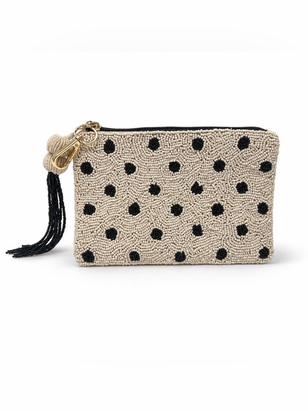 Beaded Polka Dot Clutch Cream Black Mini Pouch 7x5 Boho Evening